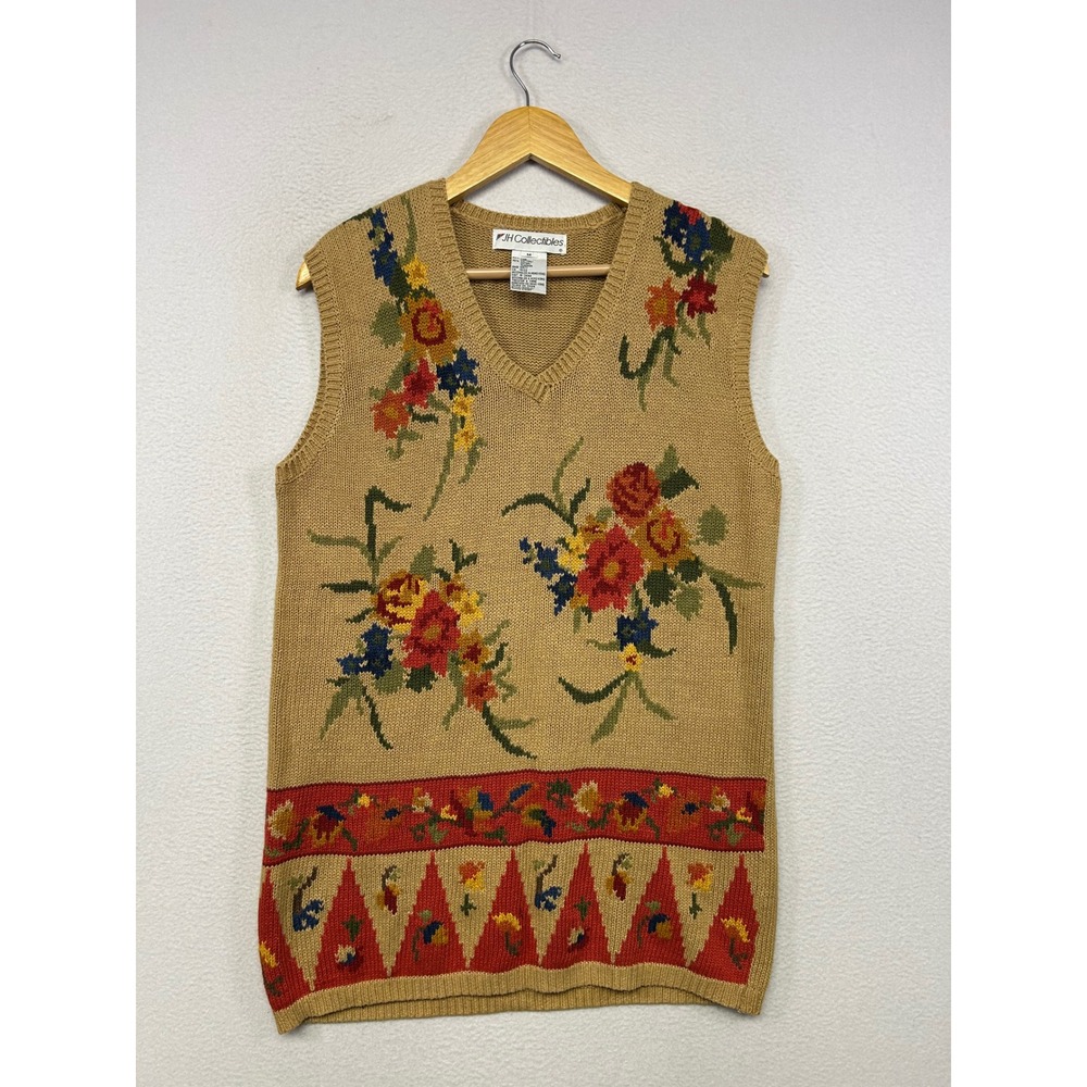 Cottagecore JH Collectibles Womens Medium Tan Floral Linen Cotton Sweater Vest